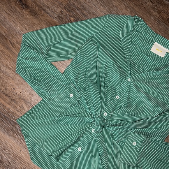 Anthropologie Maeve Green & White Striped Button Down Tie Front Blouse Women’s S - Picture 5 of 8